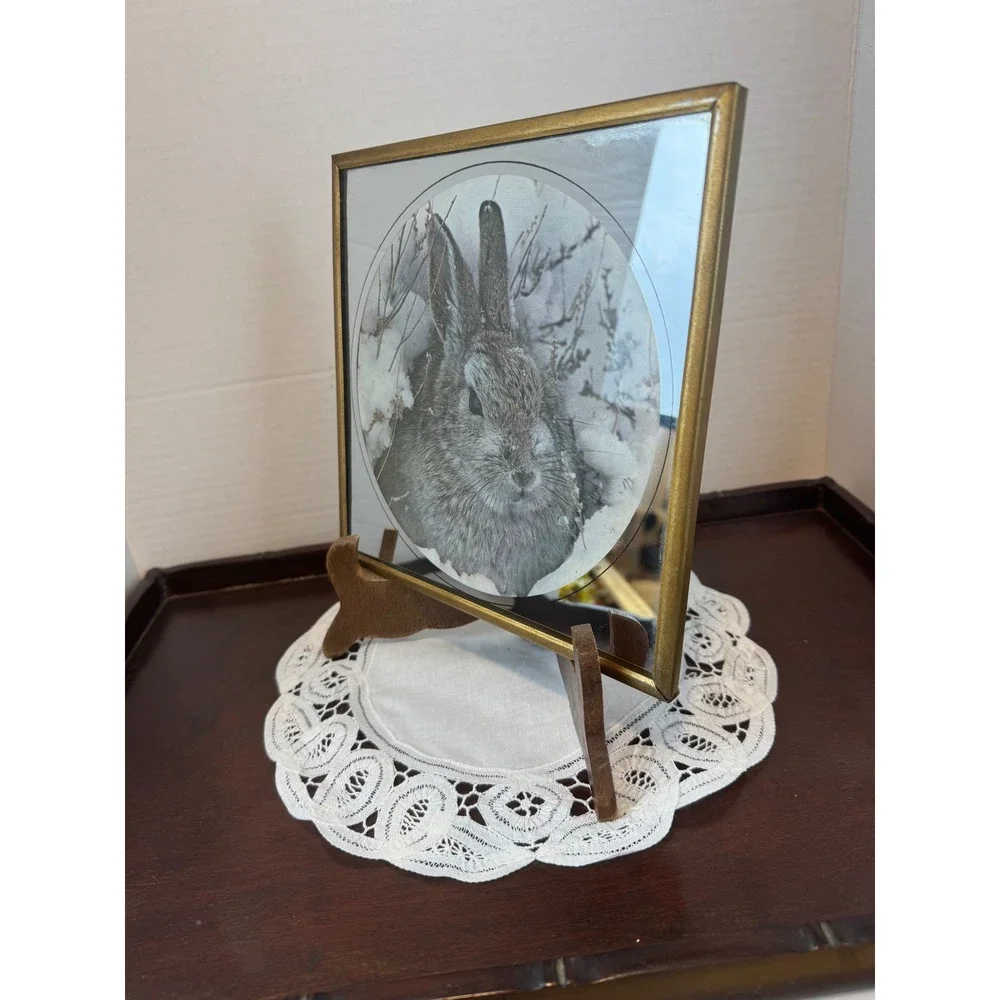 Vintage Etched Mirror Rabbit Art Gold Frame Bunny Snow Scene Nature Decor 8x8